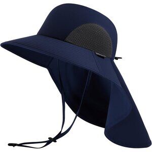 Unisex Navy Blue 100% Polyester Wide Brim Mesh Vent Neck Flap Classic Beach Hat